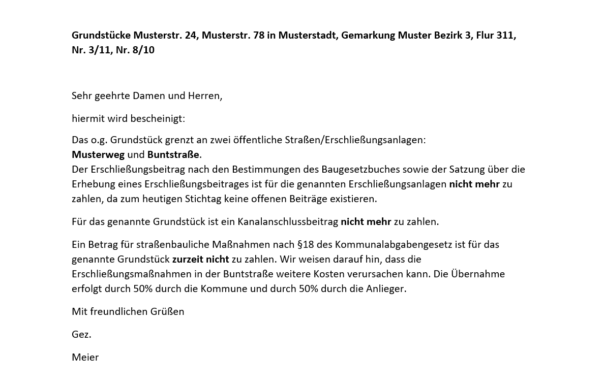 Beispiel einer Erschließungsbescheinigung