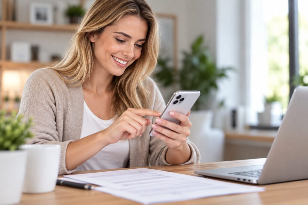 Frau beantragt Dokumente zu ihrer Immobilie bequem am Smartphone
